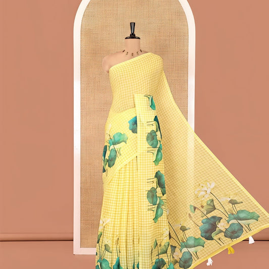 Tussar Silk Saree with Floral Lotus Print & Tassel Border-YELLOW