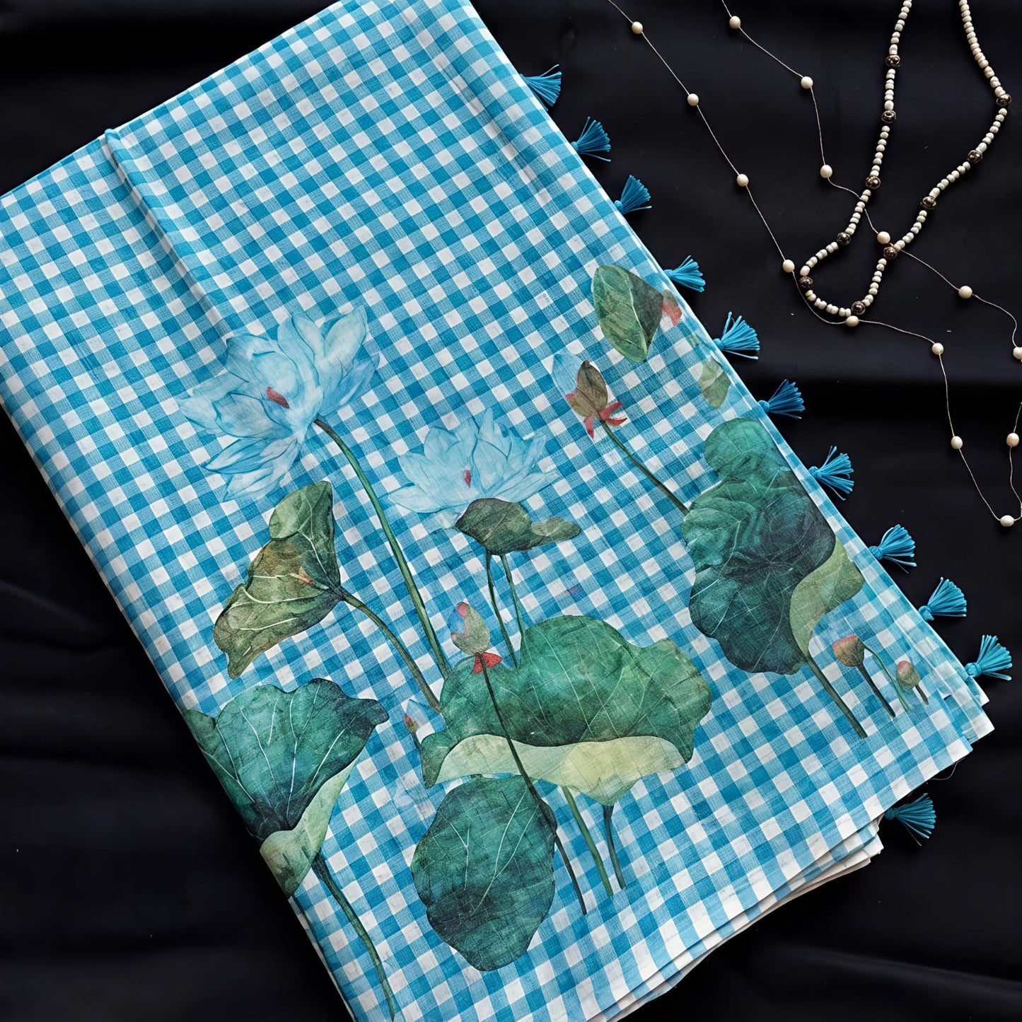 Tussar Silk Saree with Floral Lotus Print & Tassel Border-BLUE