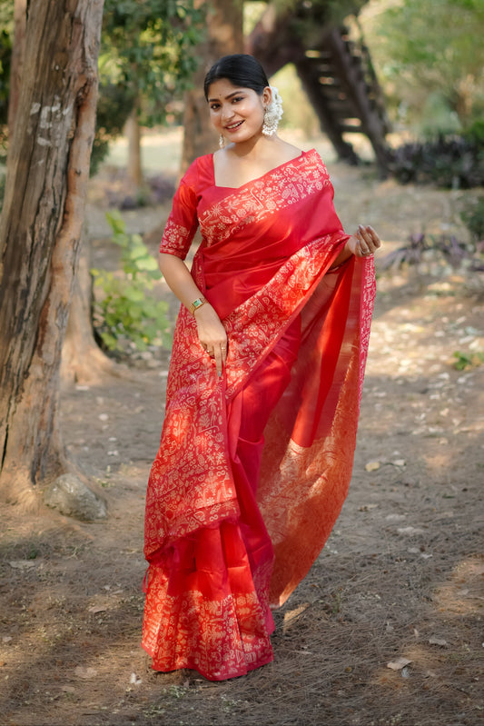 Handloom raw silk saree - RED