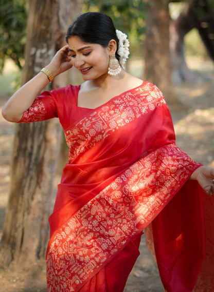 Handloom raw silk saree - RED