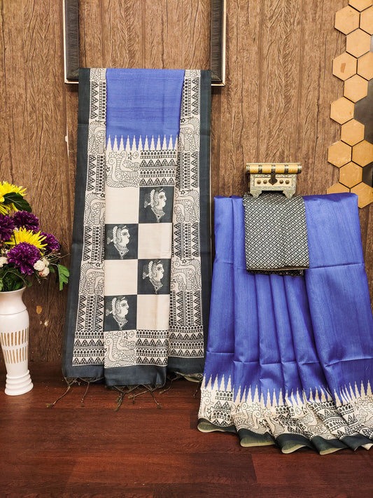 BLUE - Tussar Silk Kalamkari Saree