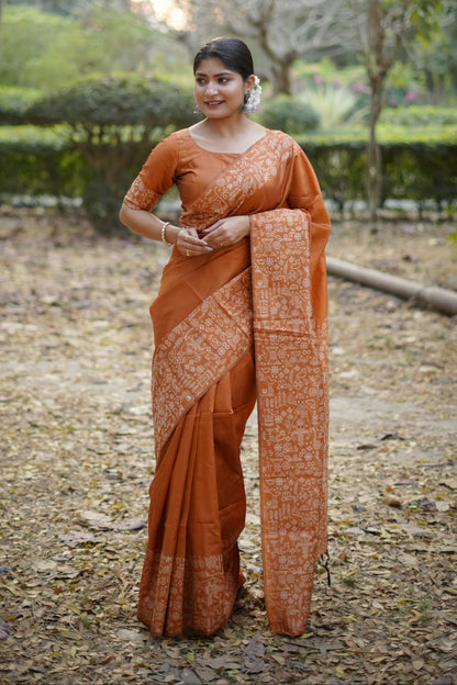 Handloom raw silk saree - ORANGE