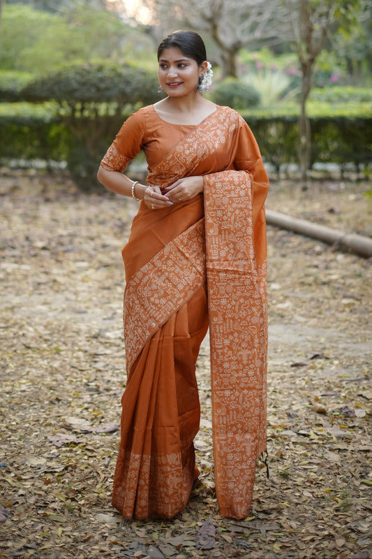 Handloom raw silk saree - ORANGE