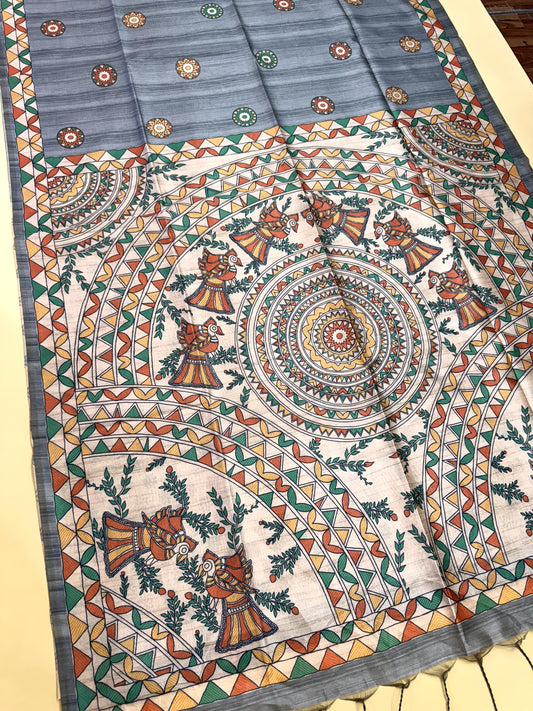 Tussar Silk Madhubani - GREY