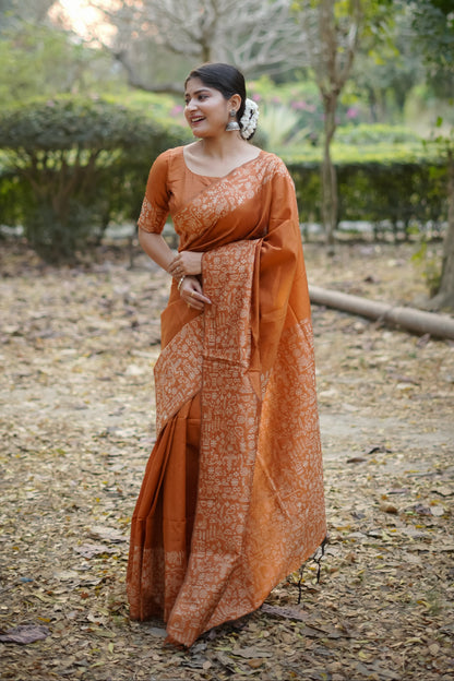 Handloom raw silk saree - ORANGE