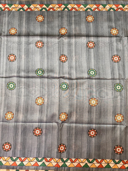 Tussar Silk Madhubani - GREY