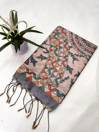 Tussar Silk Madhubani - GREY