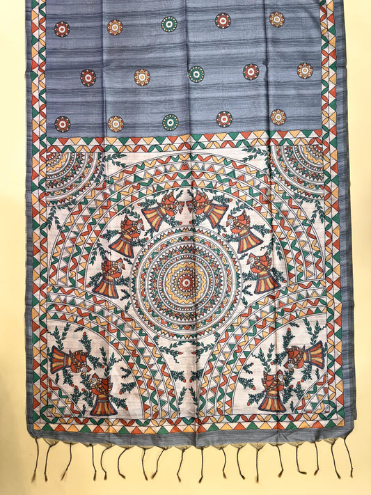Tussar Silk Madhubani - GREY