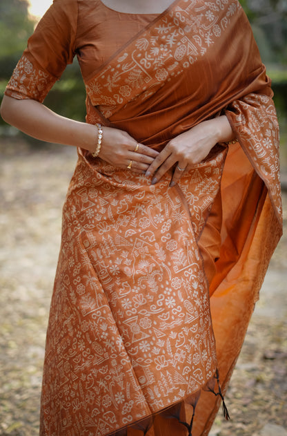 Handloom raw silk saree - ORANGE