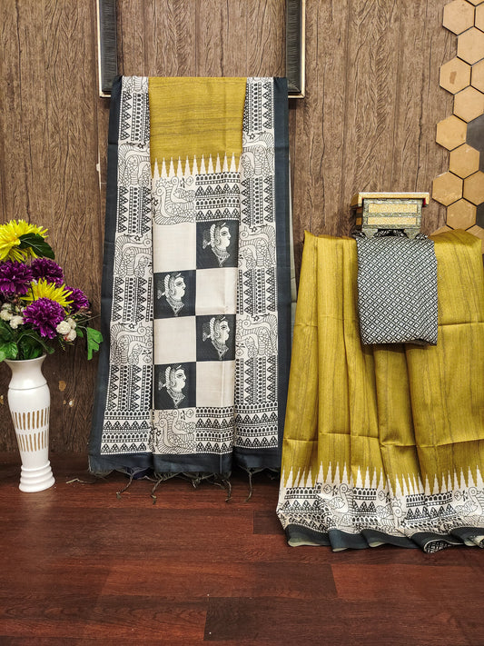 YELLOW- Tussar Silk Kalamkari Saree