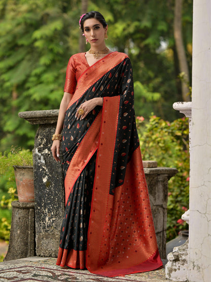 BLACK BANARASI SILK  SAREE WITH CONTRAST COLOUR