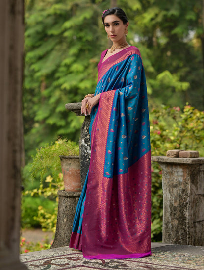 BLUE BANARASI SILK  SAREE WITH CONTRAST COLOUR