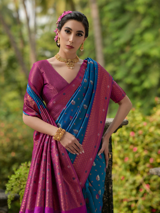 BLUE BANARASI SILK  SAREE WITH CONTRAST COLOUR