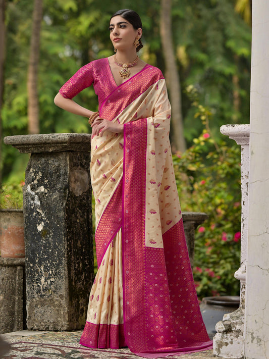WHITE BANARASI SILK  SAREE WITH CONTRAST COLOUR