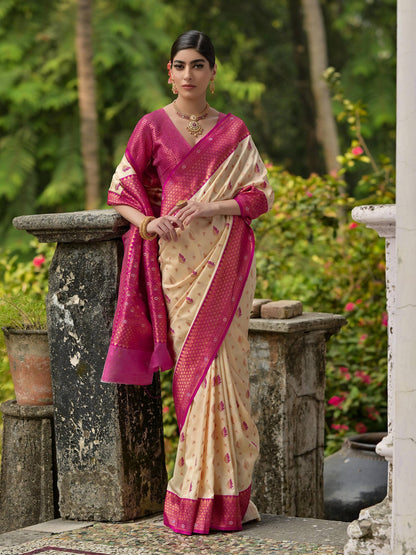 WHITE BANARASI SILK  SAREE WITH CONTRAST COLOUR