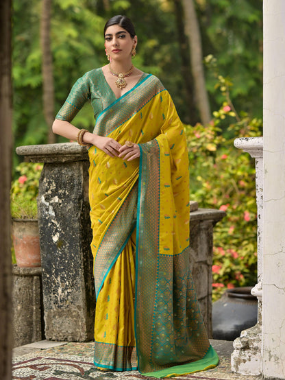 YELLOW BANARASI SILK  SAREE WITH CONTRAST COLOUR
