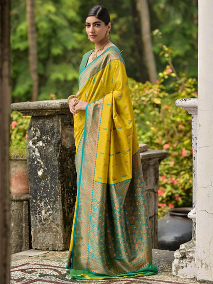 YELLOW BANARASI SILK  SAREE WITH CONTRAST COLOUR