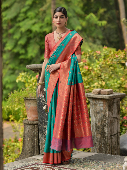 RAMA BANARASI SILK  SAREE WITH CONTRAST COLOUR