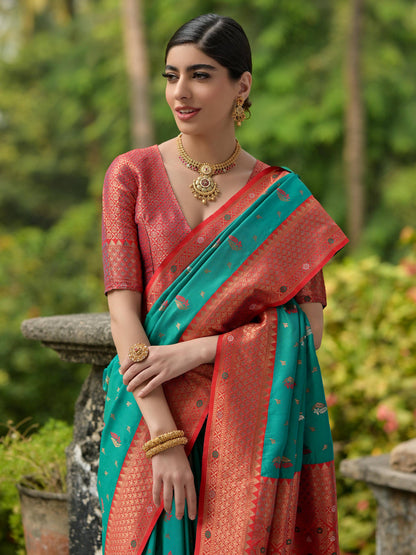 RAMA BANARASI SILK  SAREE WITH CONTRAST COLOUR