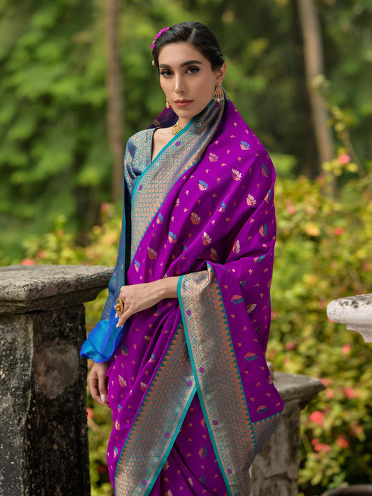 WINE BANARASI SILK  SAREE WITH CONTRAST COLOUR