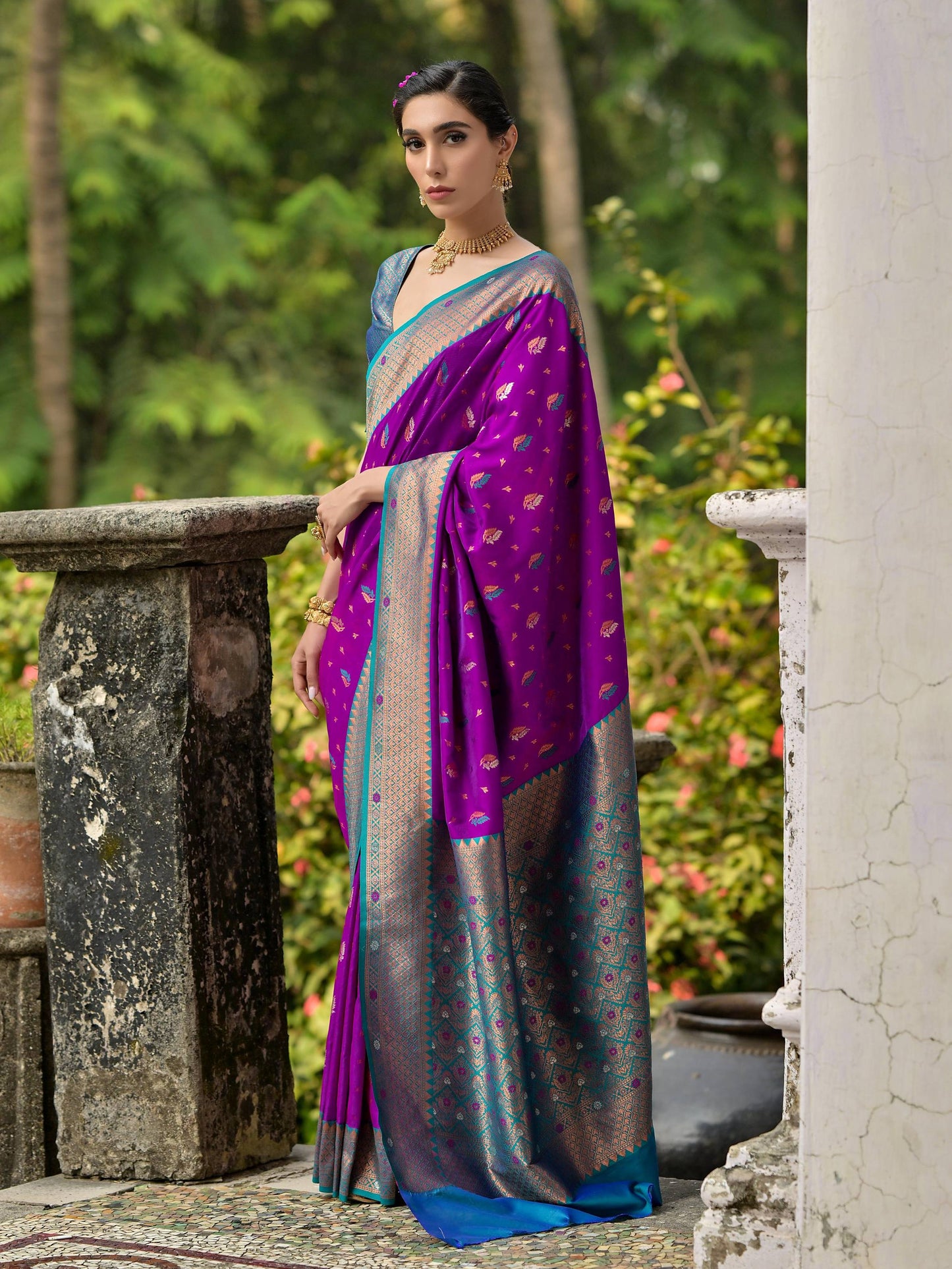 WINE BANARASI SILK  SAREE WITH CONTRAST COLOUR
