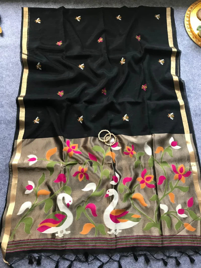 PURE MUSLIN LINEN ZARI JAMDANI SAREE-BLACK