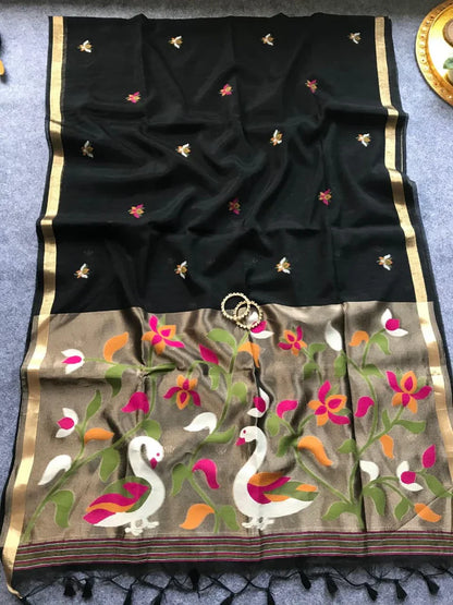 PURE MUSLIN LINEN ZARI JAMDANI SAREE-BLACK