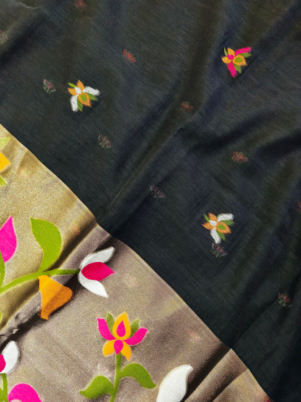PURE MUSLIN LINEN ZARI JAMDANI SAREE-BLACK
