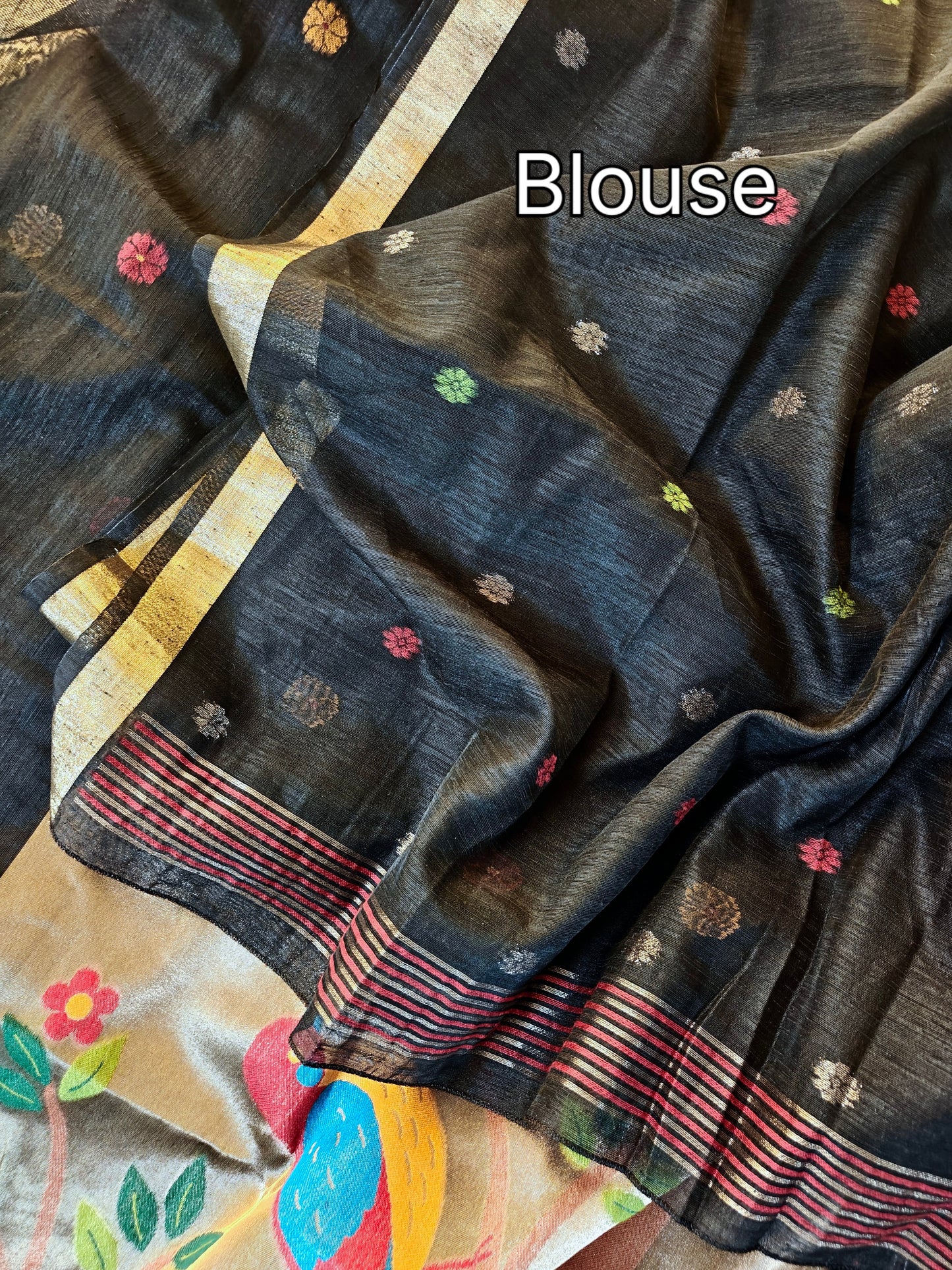 Pure Linen Saree With Zari Bird & Floral Pallu - BLACK