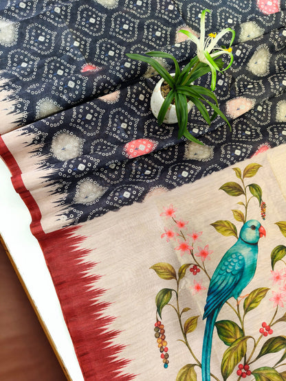 Kalamkari Printed Silk Blend Saree with Bandhani Pallu- BLACK