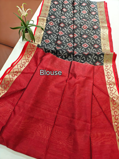 Raw Silk Ikkat Saree With Zari Woven Border-BLACK