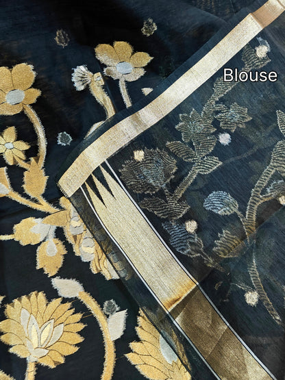 Pure Linen Saree with Antique Gold Floral & Peacock Zari Border - BLACK