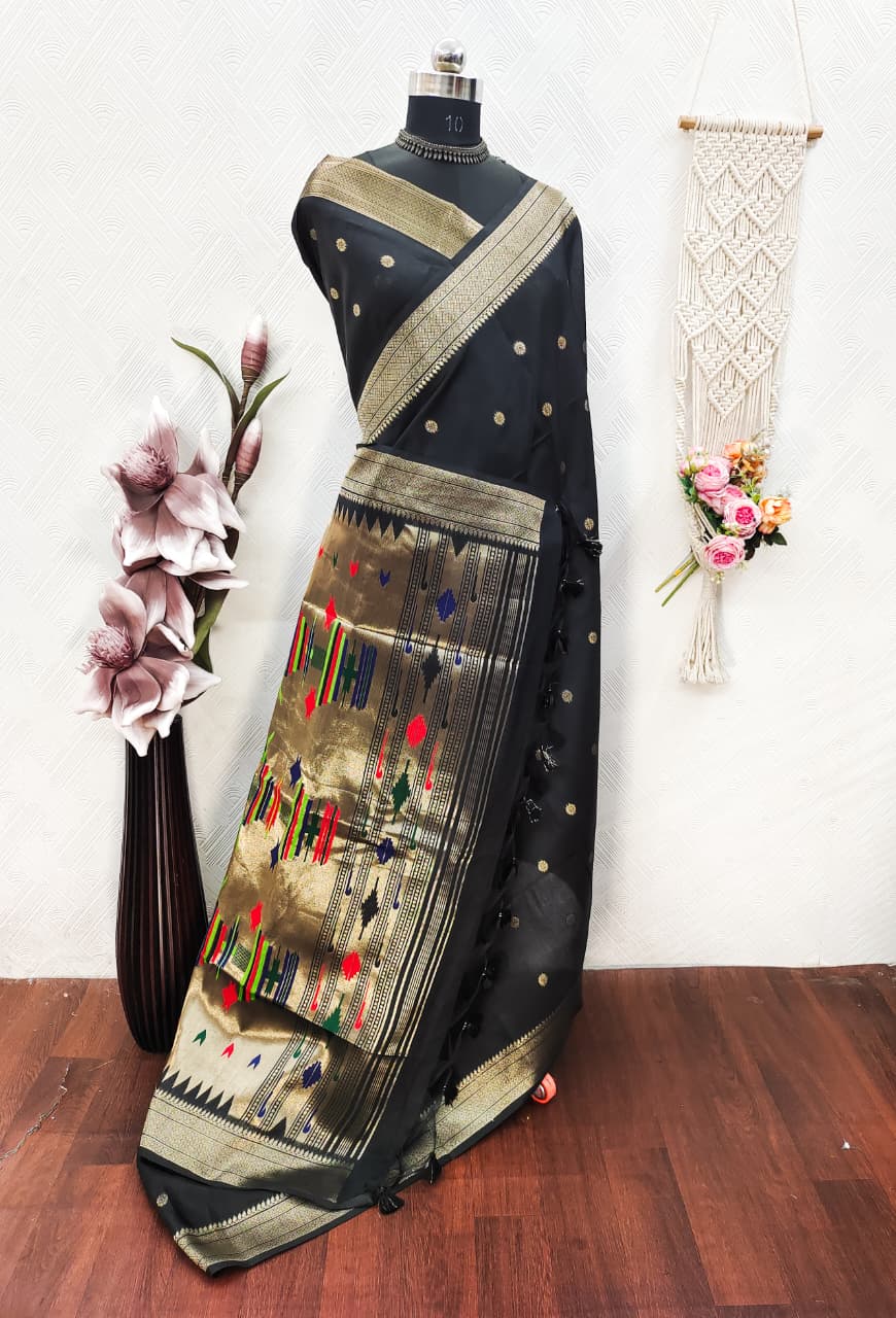 Khadi Raw Silk Saree with Traditional Woven Border & Multicolor Motifs -BLACK