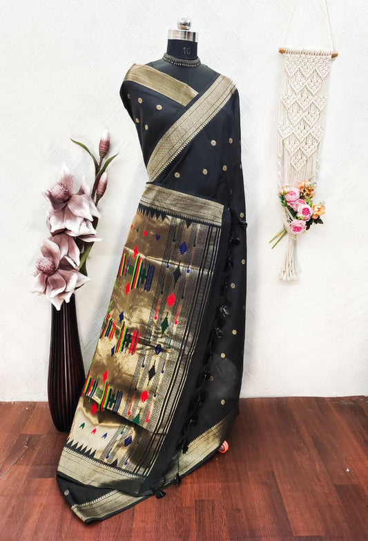 Khadi Raw Silk Saree with Traditional Woven Border & Multicolor Motifs -BLACK