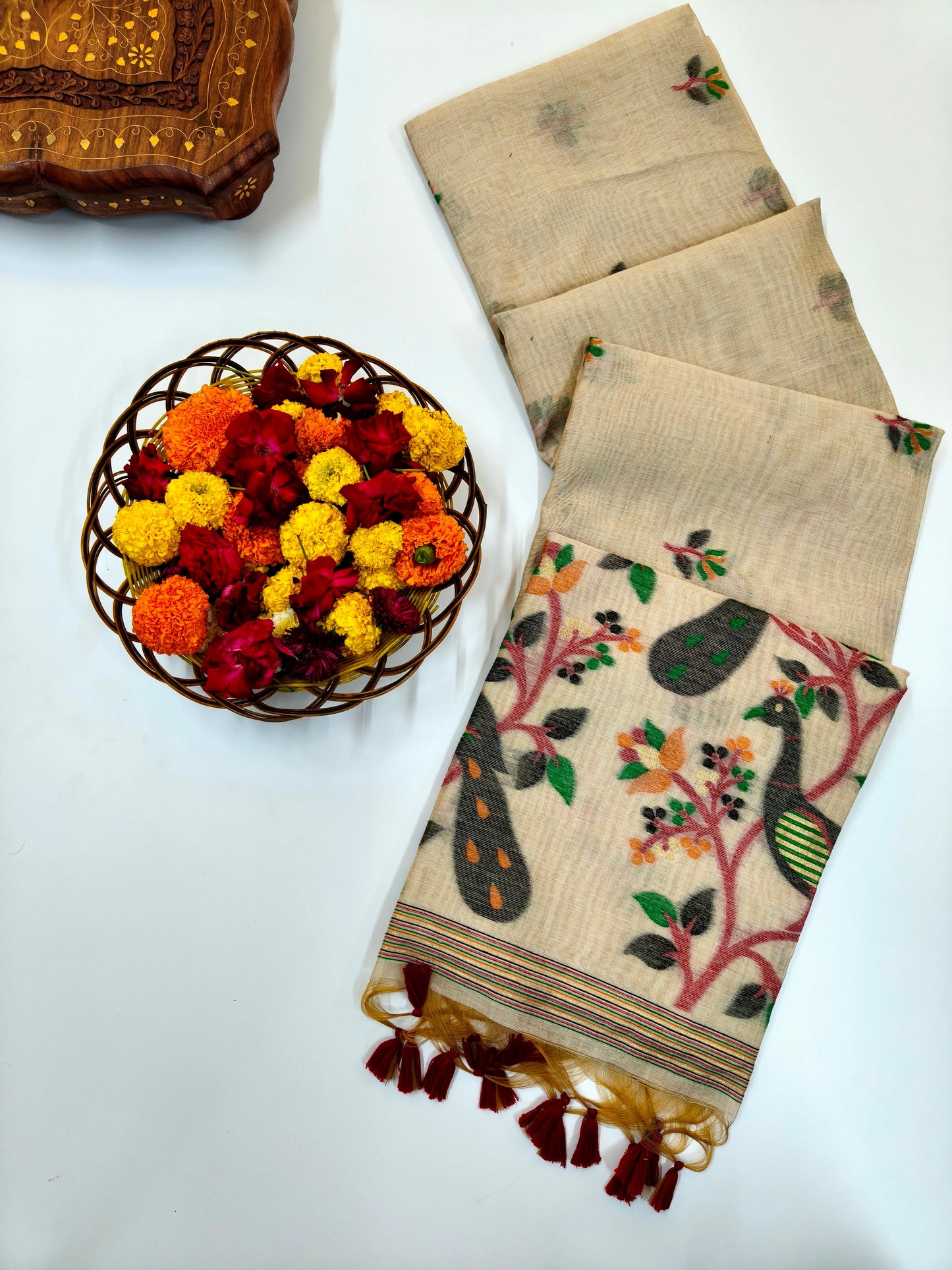 Signature Muga Cotton Saree with Peacock Inspired Pallu - BLACK