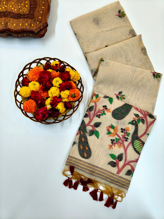 Signature Muga Cotton Saree with Peacock Inspired Pallu - BLACK