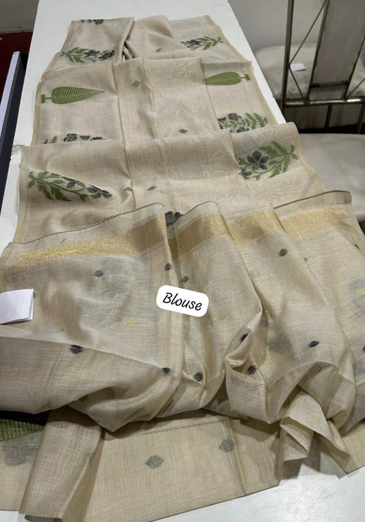 Premium Muga Cotton Floral Designer Saree-BLACK
