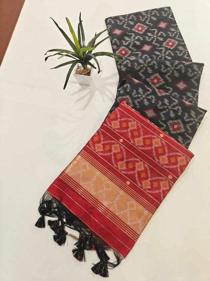 Raw Silk Ikkat Saree With Zari Woven Border-BLACK