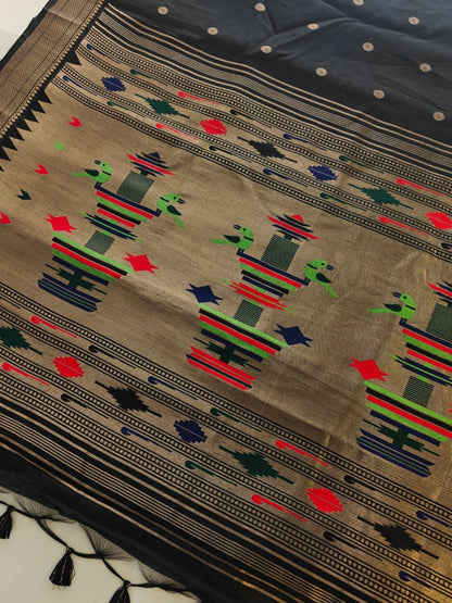 Khadi Raw Silk Saree with Traditional Woven Border & Multicolor Motifs -BLACK