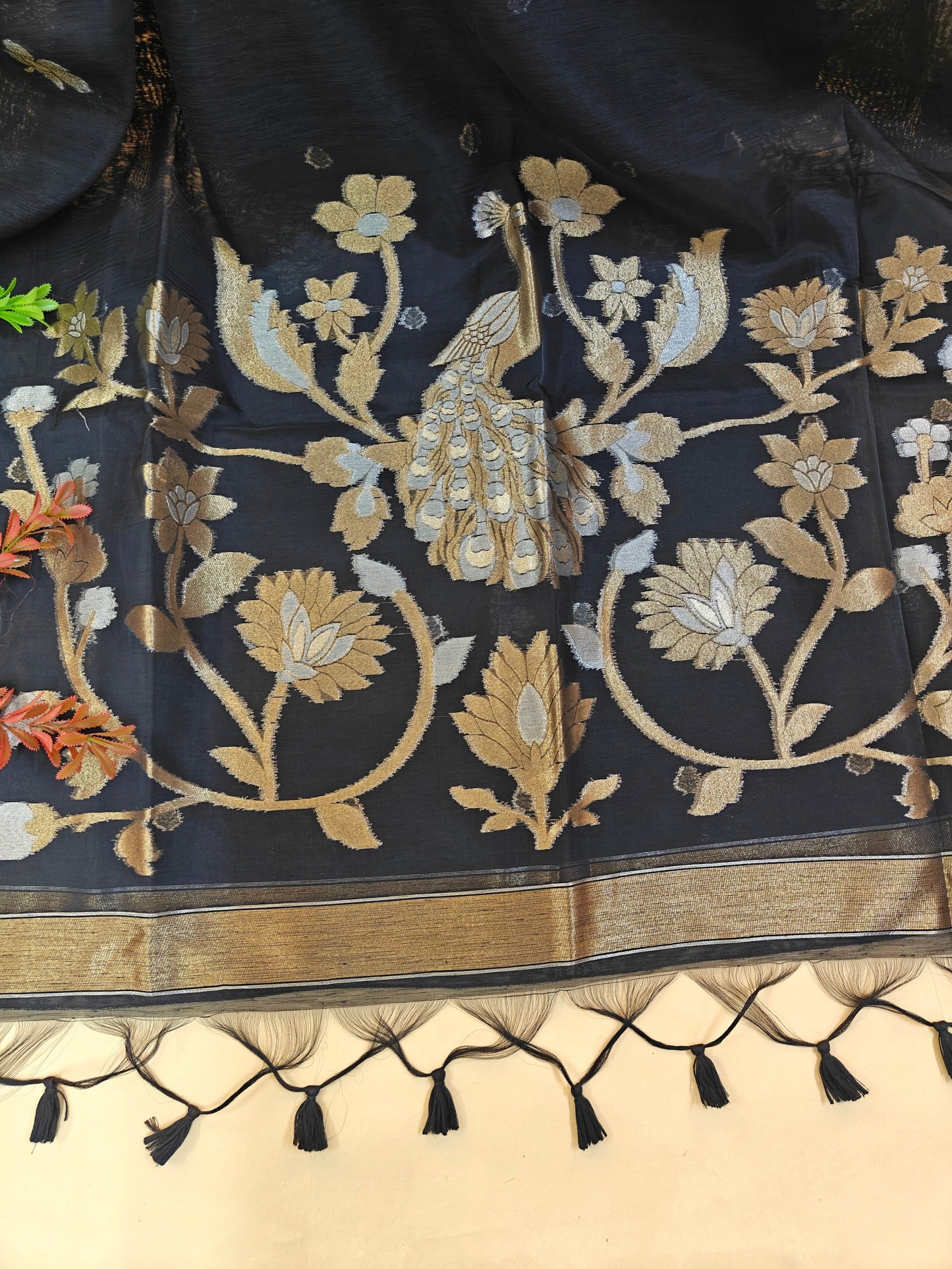 Pure Linen Saree with Antique Gold Floral & Peacock Zari Border - BLACK