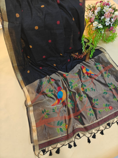 Pure Linen Saree With Zari Bird & Floral Pallu - BLACK