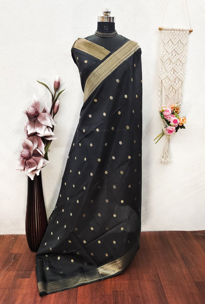 Khadi Raw Silk Saree with Traditional Woven Border & Multicolor Motifs -BLACK