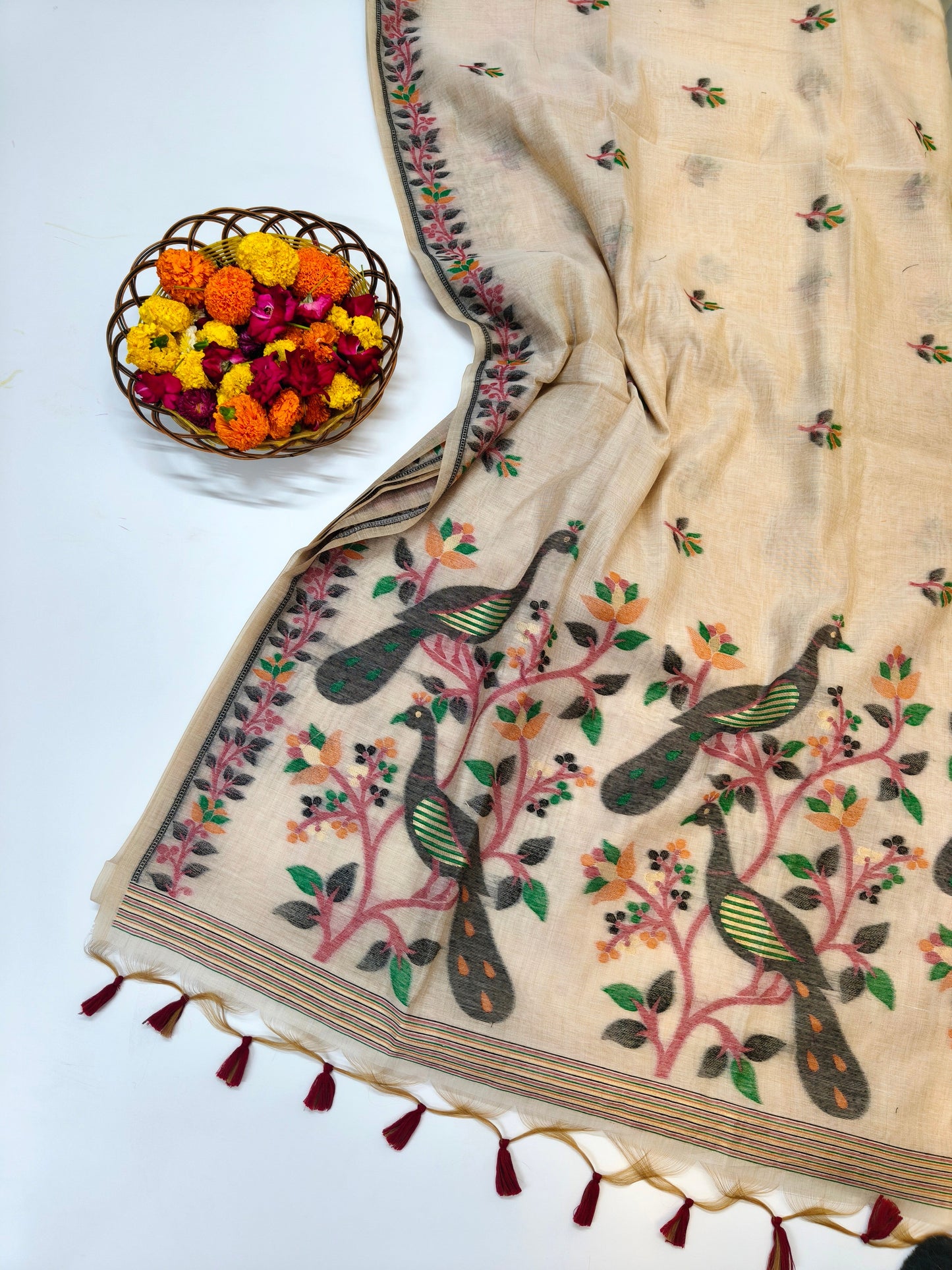 Signature Muga Cotton Saree with Peacock Inspired Pallu - BLACK
