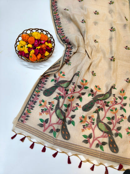 Signature Muga Cotton Saree with Peacock Inspired Pallu - BLACK