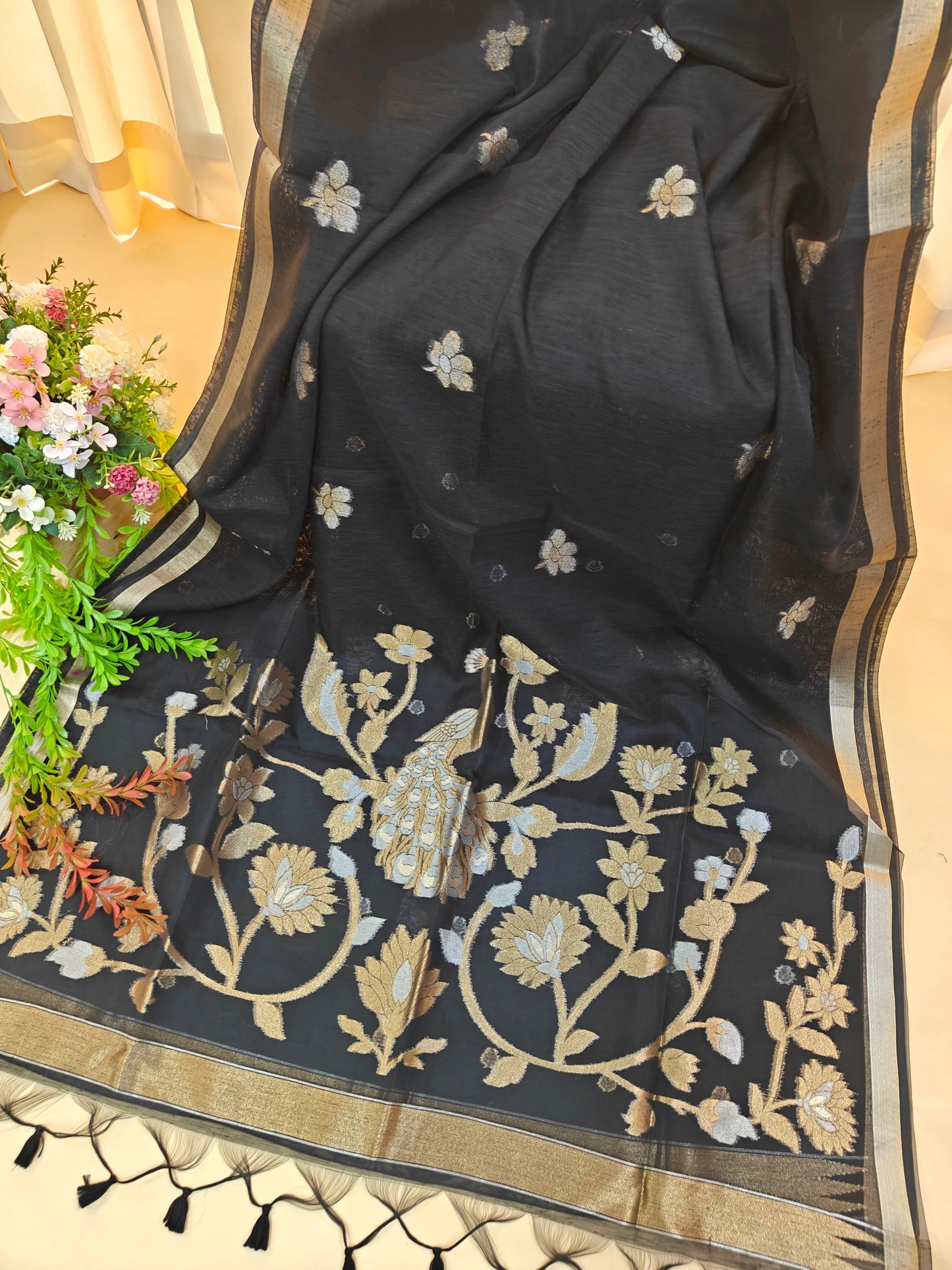 Pure Linen Saree with Antique Gold Floral & Peacock Zari Border - BLACK