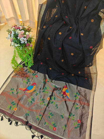 Pure Linen Saree With Zari Bird & Floral Pallu - BLACK
