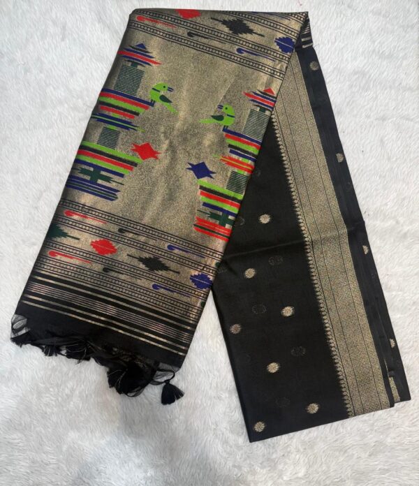 Khadi Raw Silk Saree with Traditional Woven Border & Multicolor Motifs -BLACK