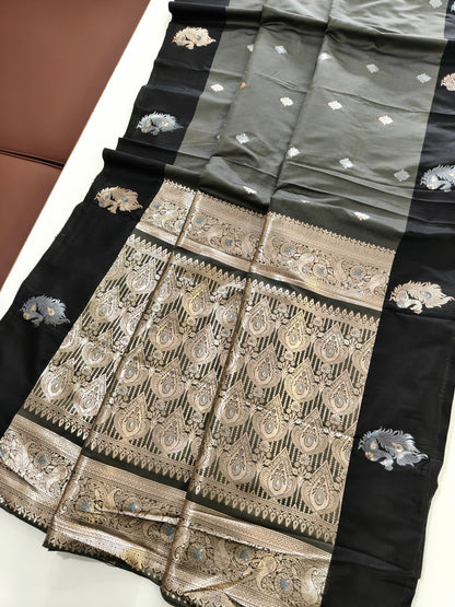 Banarasi Katan Silk Saree With Peacock Weaving  - BLACK
