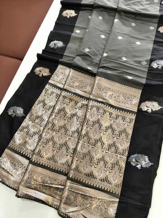 Banarasi Katan Silk Saree With Peacock Weaving  - BLACK