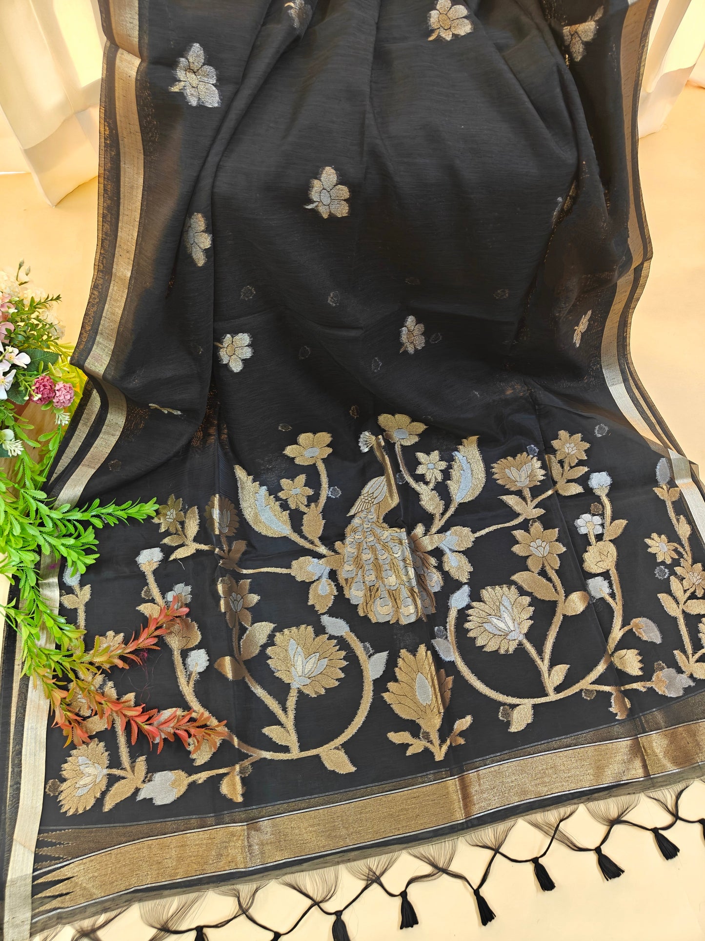Pure Linen Saree with Antique Gold Floral & Peacock Zari Border - BLACK